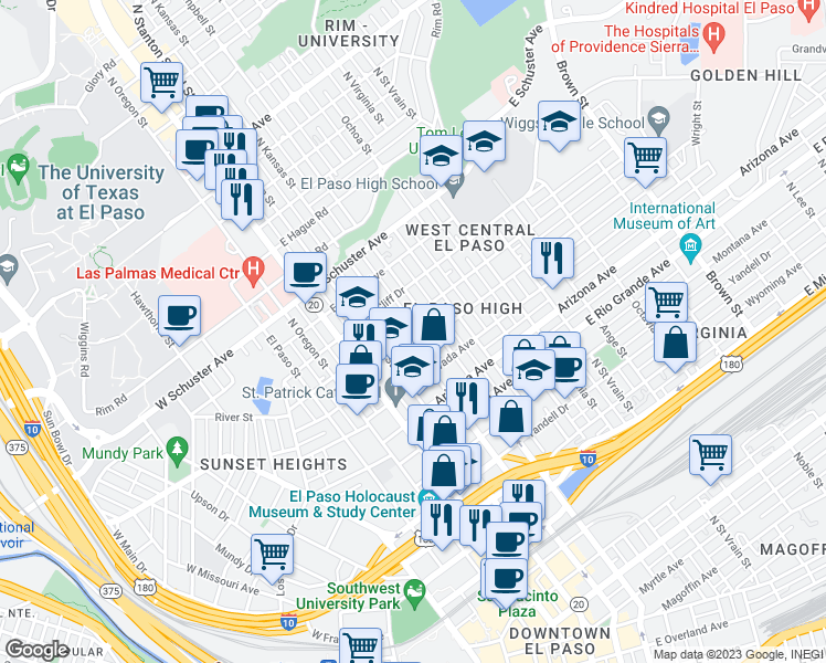 map of restaurants, bars, coffee shops, grocery stores, and more near 1312 North Kansas Street in El Paso