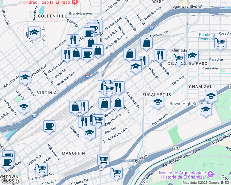map of restaurants, bars, coffee shops, grocery stores, and more near 1700 Texas Ave in El Paso