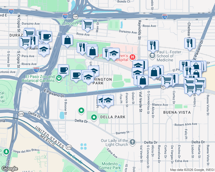 map of restaurants, bars, coffee shops, grocery stores, and more near 224 Hadlock Street in El Paso