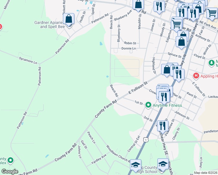map of restaurants, bars, coffee shops, grocery stores, and more near 638 Beach Road in Baxley