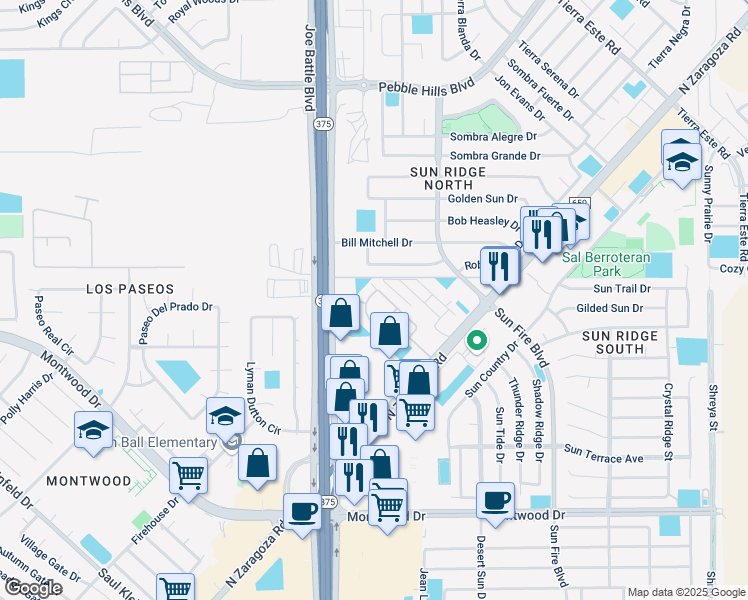 map of restaurants, bars, coffee shops, grocery stores, and more near 12000 Sarah H Circle in El Paso