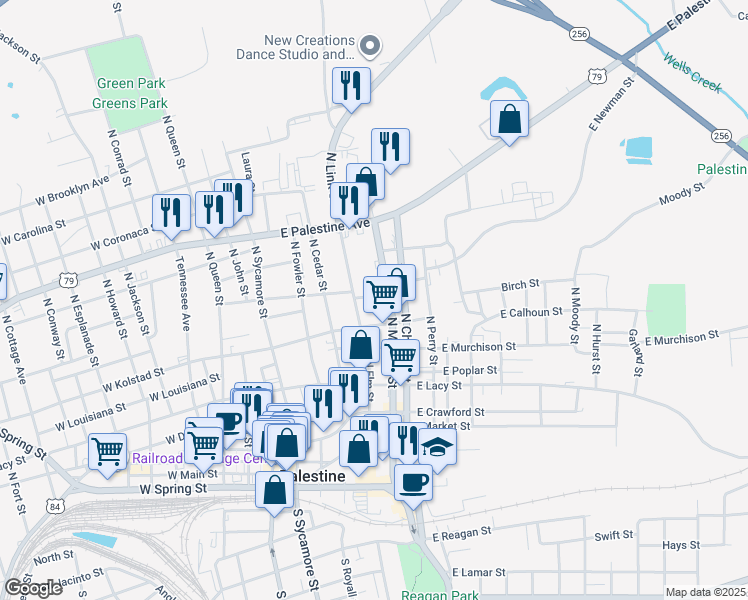 map of restaurants, bars, coffee shops, grocery stores, and more near 408 East Pine Street in Palestine