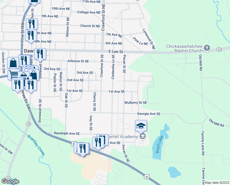 map of restaurants, bars, coffee shops, grocery stores, and more near 440 Cinderella Lane Southeast in Dawson