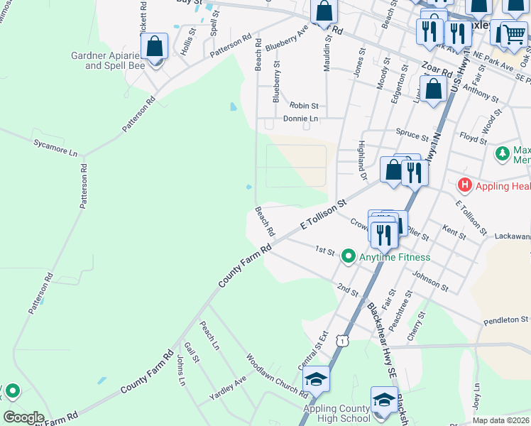 map of restaurants, bars, coffee shops, grocery stores, and more near 638 Beach Road in Baxley