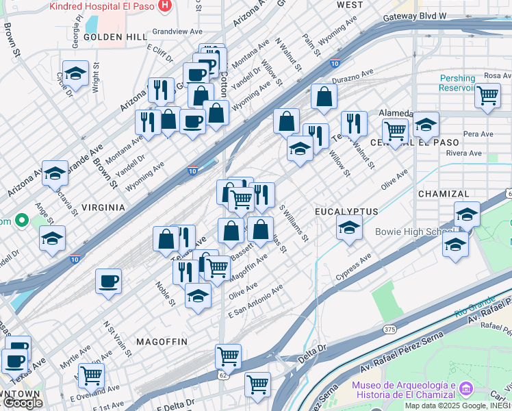 map of restaurants, bars, coffee shops, grocery stores, and more near 1700 Texas Ave in El Paso