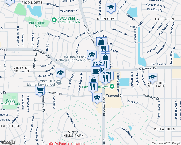 map of restaurants, bars, coffee shops, grocery stores, and more near 10960 Montwood Dr in El Paso