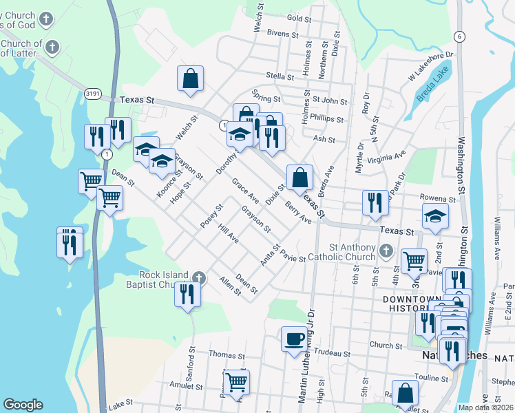 map of restaurants, bars, coffee shops, grocery stores, and more near 1300-1398 Grayson St in Natchitoches