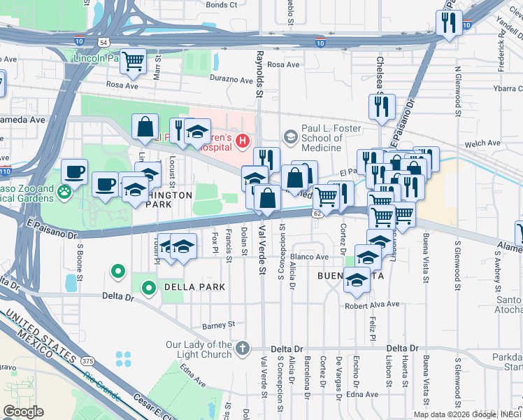 map of restaurants, bars, coffee shops, grocery stores, and more near 108 South Val Verde Street in El Paso