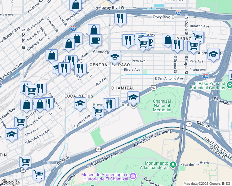map of restaurants, bars, coffee shops, grocery stores, and more near 2913 Cypress Avenue in El Paso