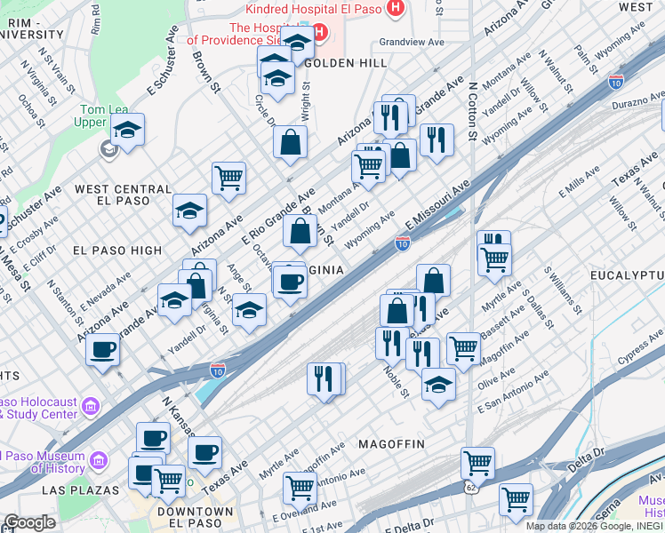 map of restaurants, bars, coffee shops, grocery stores, and more near 1212 Wyoming Avenue in El Paso