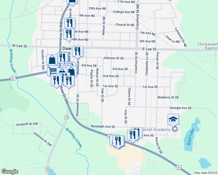 map of restaurants, bars, coffee shops, grocery stores, and more near 678 1st Avenue Southeast in Dawson