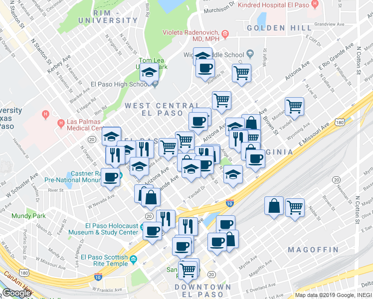 map of restaurants, bars, coffee shops, grocery stores, and more near 711 Arizona Avenue in El Paso