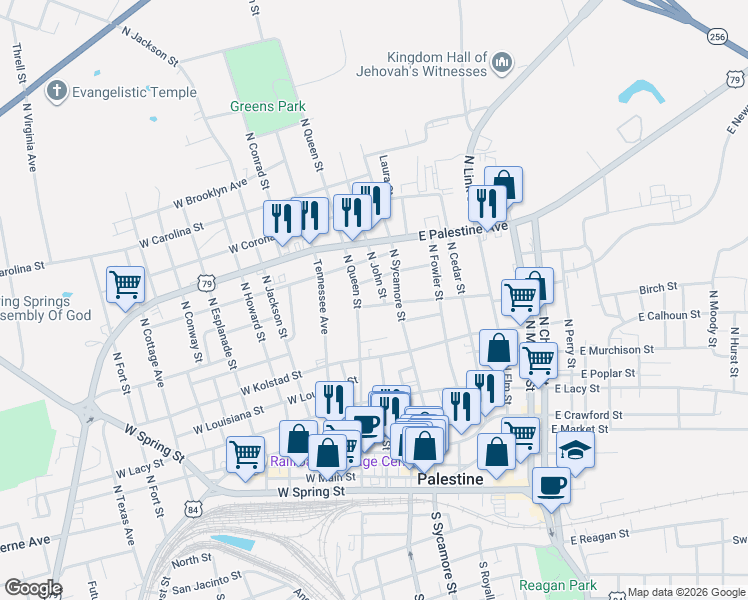 map of restaurants, bars, coffee shops, grocery stores, and more near 205 West Pine Street in Palestine