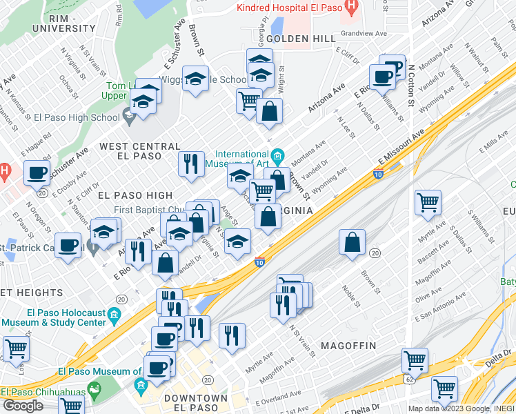 map of restaurants, bars, coffee shops, grocery stores, and more near 1101 East Yandell Drive in El Paso