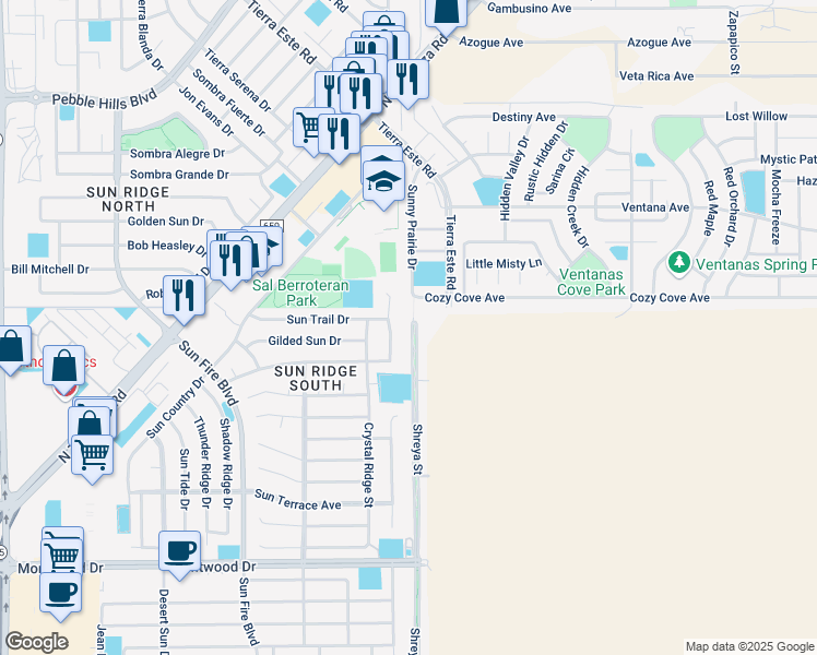 map of restaurants, bars, coffee shops, grocery stores, and more near 2149 Shreya in El Paso