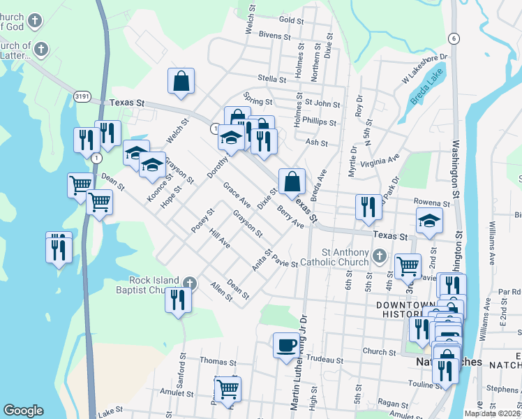 map of restaurants, bars, coffee shops, grocery stores, and more near 1220 Grace Avenue in Natchitoches