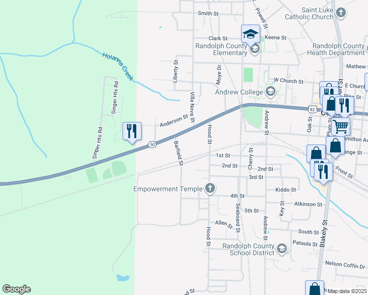 map of restaurants, bars, coffee shops, grocery stores, and more near 152 College Street in Cuthbert
