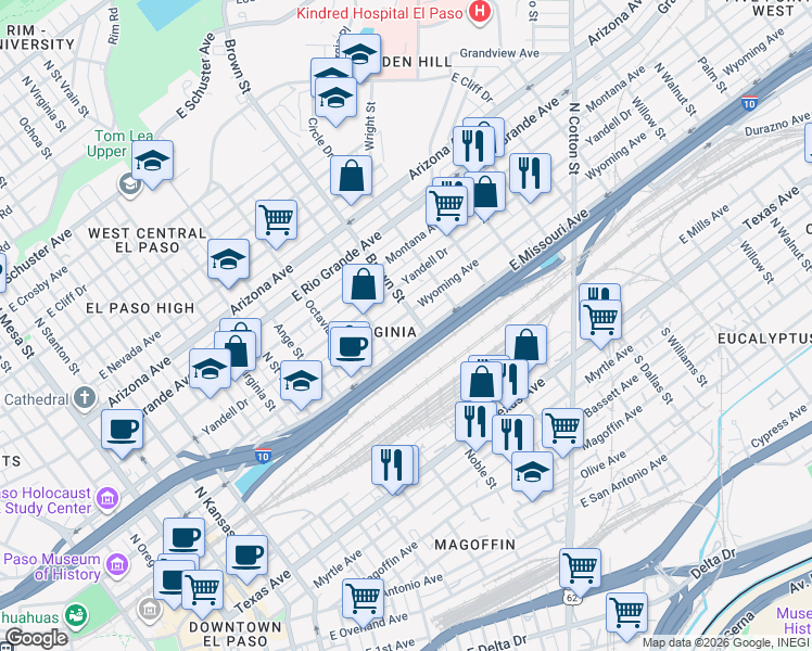 map of restaurants, bars, coffee shops, grocery stores, and more near 1212 Wyoming Avenue in El Paso