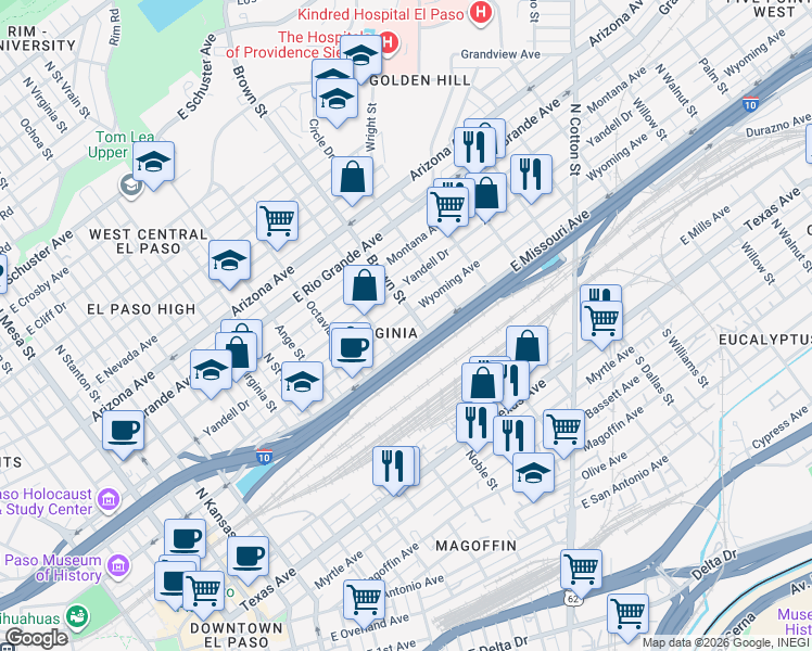 map of restaurants, bars, coffee shops, grocery stores, and more near 1212 Wyoming Avenue in El Paso