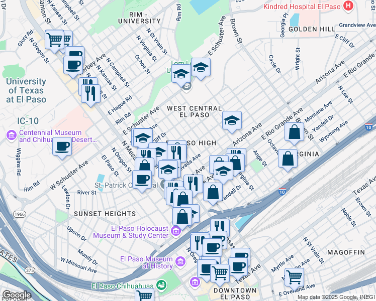 map of restaurants, bars, coffee shops, grocery stores, and more near 508 East California Avenue in El Paso