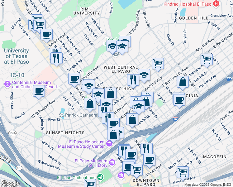 map of restaurants, bars, coffee shops, grocery stores, and more near 508 East California Avenue in El Paso