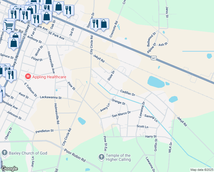 map of restaurants, bars, coffee shops, grocery stores, and more near 47 Dixie Drive in Baxley