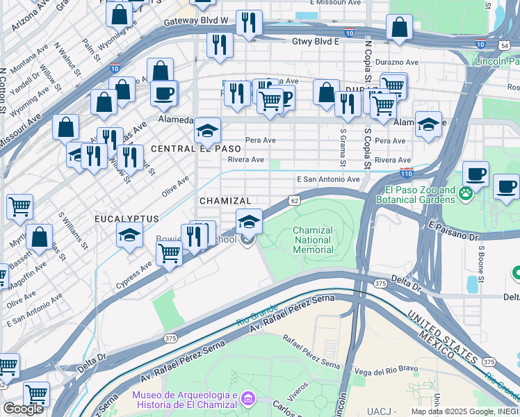 map of restaurants, bars, coffee shops, grocery stores, and more near 3106 Cypress Avenue in El Paso
