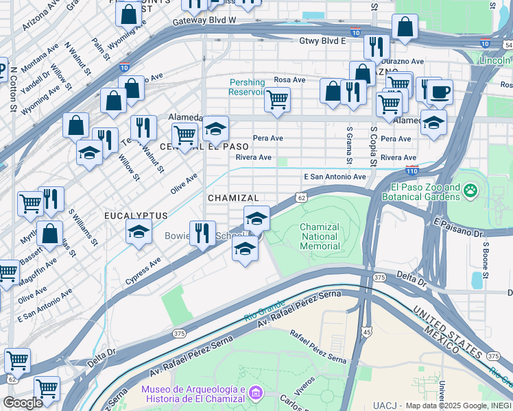 map of restaurants, bars, coffee shops, grocery stores, and more near 3106 Cypress Avenue in El Paso