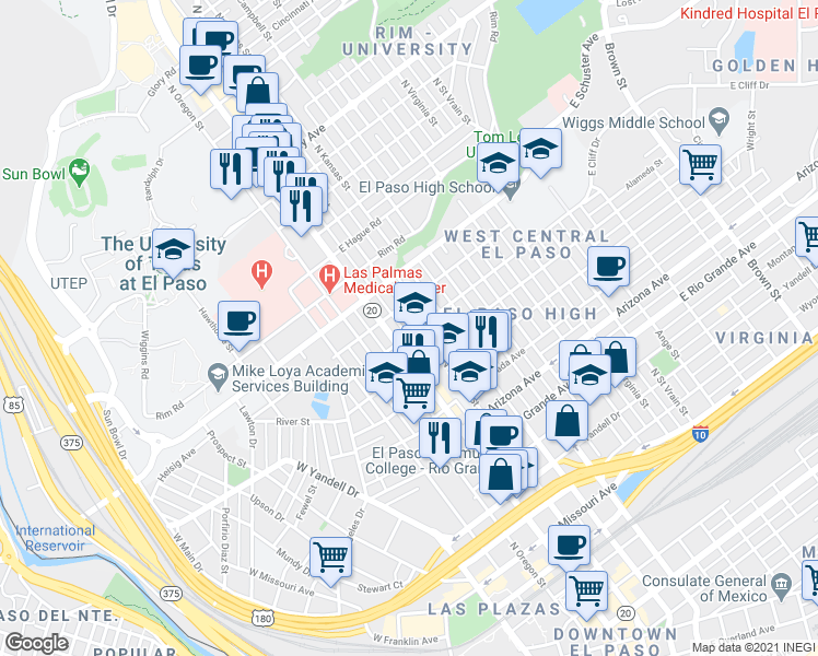 map of restaurants, bars, coffee shops, grocery stores, and more near 1506 North Mesa Street in El Paso