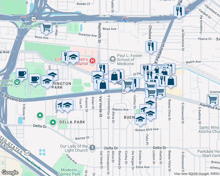 map of restaurants, bars, coffee shops, grocery stores, and more near 116 South Concepcion Street in El Paso