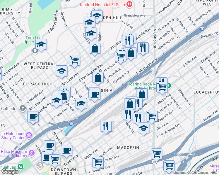map of restaurants, bars, coffee shops, grocery stores, and more near 1212 Wyoming Avenue in El Paso