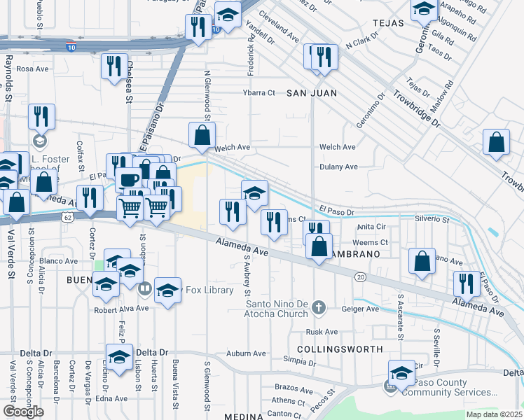 map of restaurants, bars, coffee shops, grocery stores, and more near 107 North Collingsworth Street in El Paso