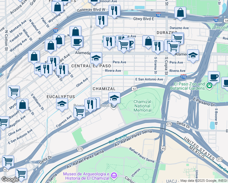 map of restaurants, bars, coffee shops, grocery stores, and more near 3106 Cypress Avenue in El Paso