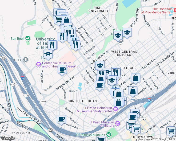map of restaurants, bars, coffee shops, grocery stores, and more near 1600 North Oregon Street in El Paso