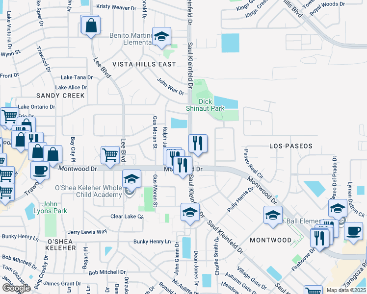 map of restaurants, bars, coffee shops, grocery stores, and more near 1941 Saul Kleinfeld Drive in El Paso