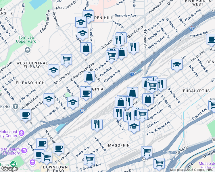 map of restaurants, bars, coffee shops, grocery stores, and more near 1303 East Missouri Avenue in El Paso