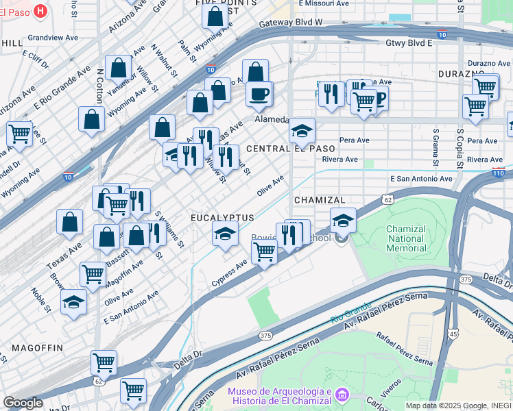 map of restaurants, bars, coffee shops, grocery stores, and more near 2201 East San Antonio Avenue in El Paso