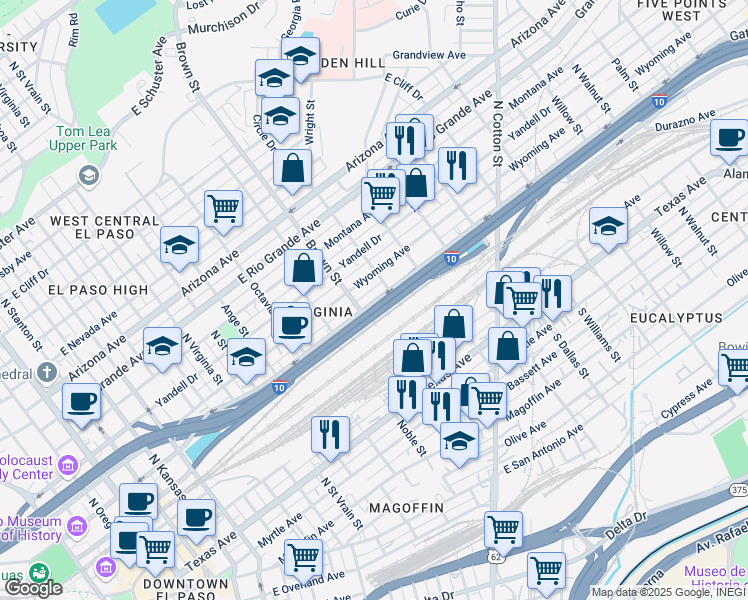 map of restaurants, bars, coffee shops, grocery stores, and more near 1303 East Missouri Avenue in El Paso