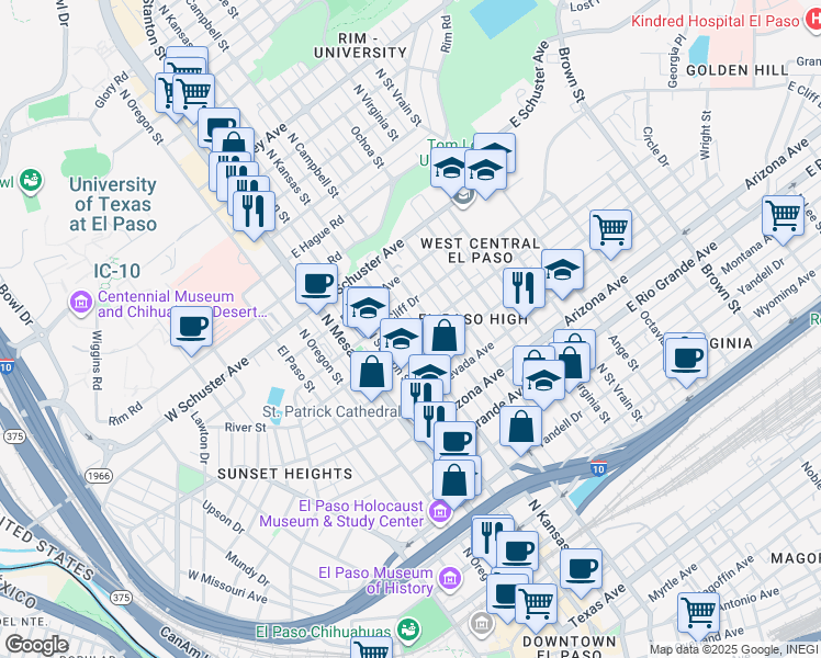map of restaurants, bars, coffee shops, grocery stores, and more near 1312 North Kansas Street in El Paso