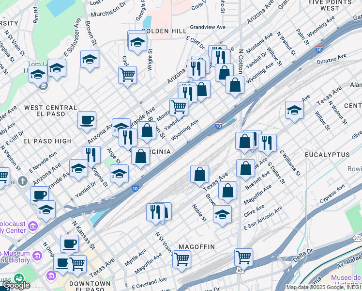 map of restaurants, bars, coffee shops, grocery stores, and more near 1303 East Missouri Avenue in El Paso