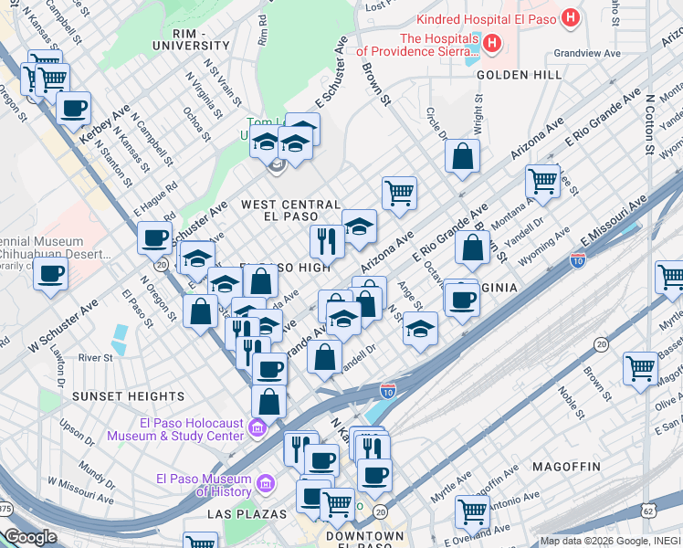 map of restaurants, bars, coffee shops, grocery stores, and more near 711 Arizona Avenue in El Paso