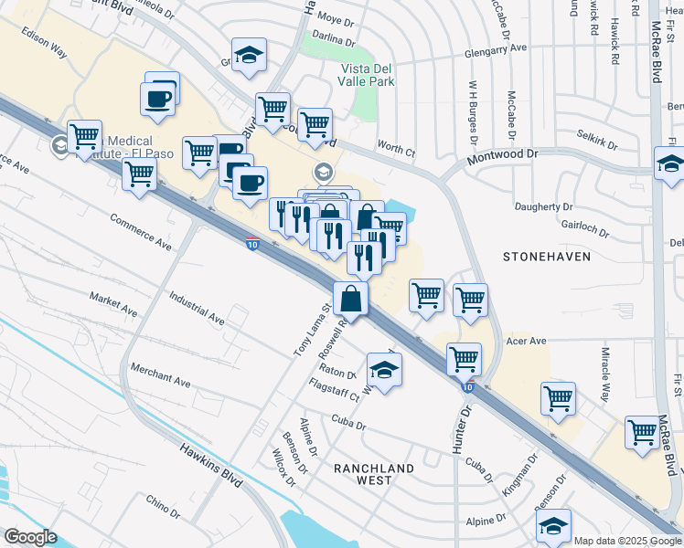 map of restaurants, bars, coffee shops, grocery stores, and more near 8889 Gateway Boulevard West in El Paso