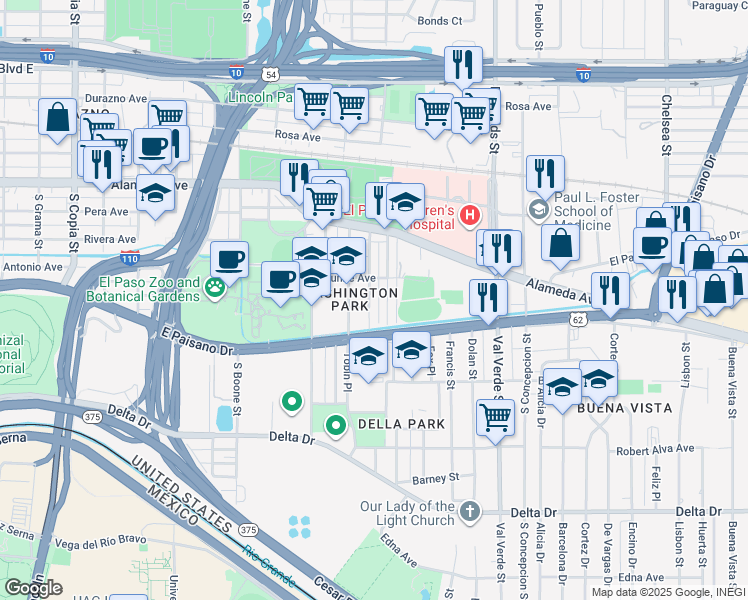 map of restaurants, bars, coffee shops, grocery stores, and more near 301 1/2 Locust Street in El Paso