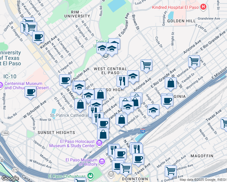map of restaurants, bars, coffee shops, grocery stores, and more near 1119 North Ochoa Street in El Paso