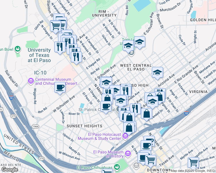 map of restaurants, bars, coffee shops, grocery stores, and more near 305 East River Avenue in El Paso