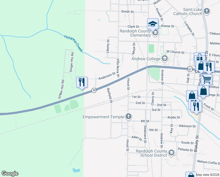map of restaurants, bars, coffee shops, grocery stores, and more near Barfield Street in Cuthbert