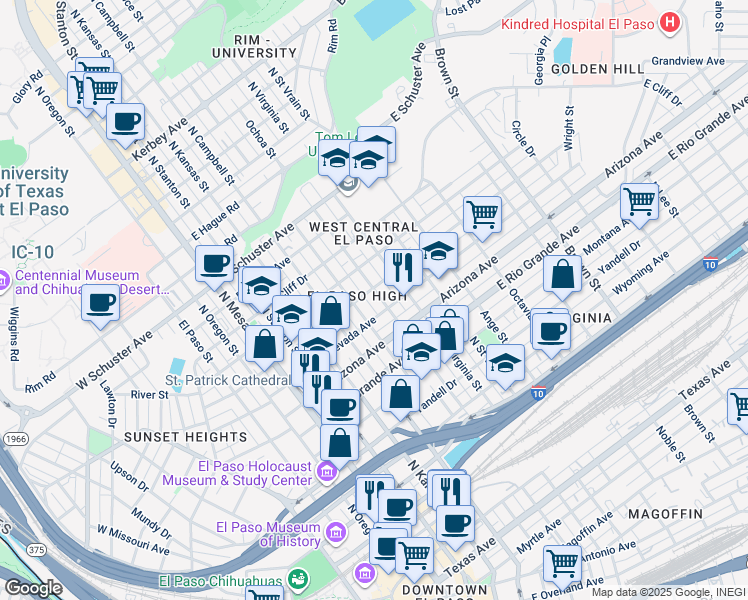 map of restaurants, bars, coffee shops, grocery stores, and more near 1119 North Ochoa Street in El Paso