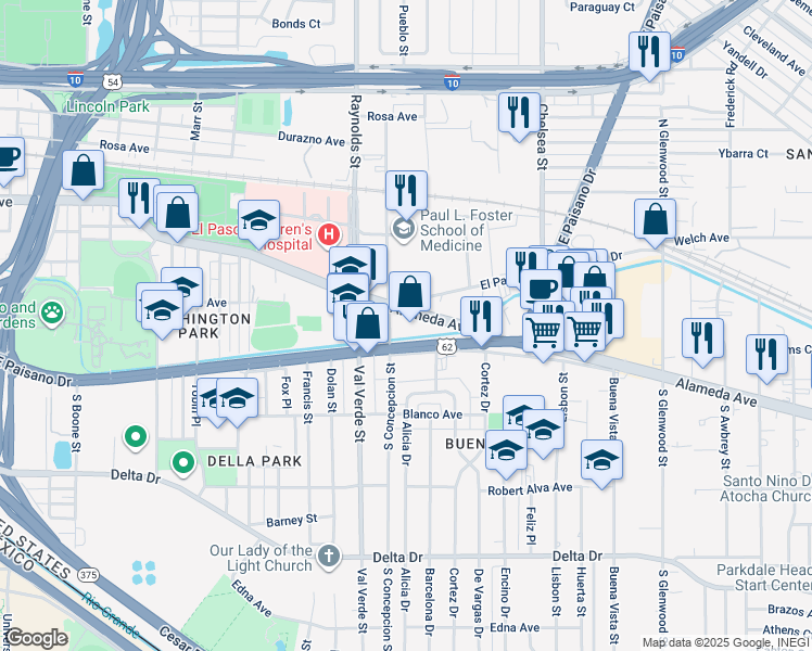 map of restaurants, bars, coffee shops, grocery stores, and more near 116 South Concepcion Street in El Paso