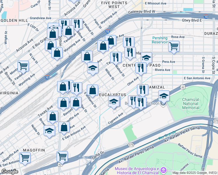 map of restaurants, bars, coffee shops, grocery stores, and more near 1910 Magoffin Avenue in El Paso