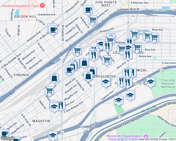 map of restaurants, bars, coffee shops, grocery stores, and more near 1800-1894 Bassett Ave in El Paso